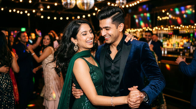 Feliz pareja india bailando en una fiesta.