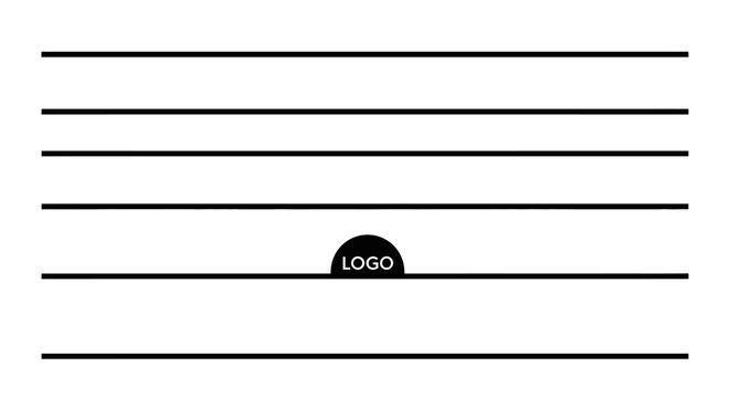 Minimalist graphic with horizontal lines and a black circular logo