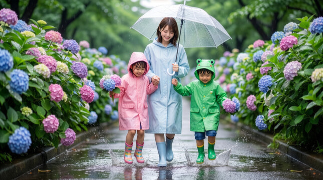 色とりどりの紫陽花ロードを歩くレインコートを着た3人の親子　子供たちは楽しそうに小さな水たまりをジャンプ