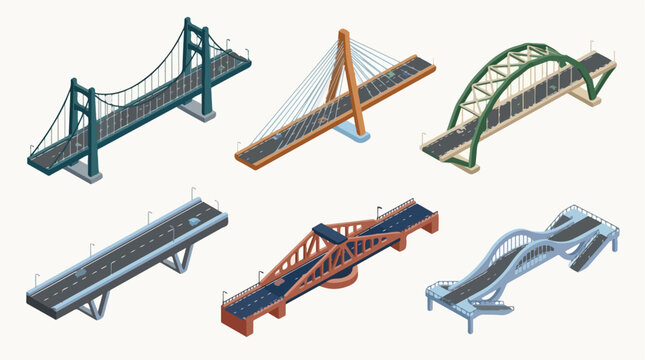 A variety of modern and classic bridge designs illustrated in a isometric 3D style, showcasing diverse architectural approaches to crossing spans