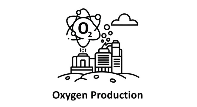 Oxygen Production Factory Icon: Industrial Plant with O2 Molecule Symbol