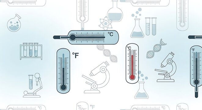 Collection of thermometers and medical illustrations on a light blue background with thermometer healthcare temperature fahrenheit measurement illustration hospital medicine research analysis