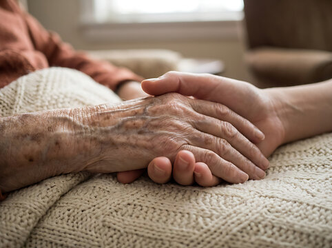 Hands holding together senior and young adult friendship supportive connection