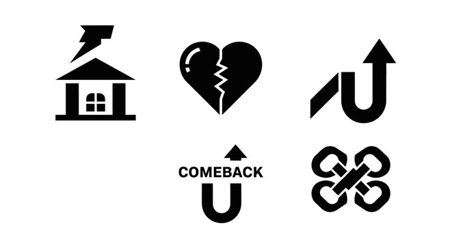 Set of Icons: Crisis, Heartbreak, Growth, Comeback, Unity