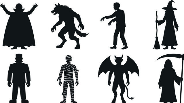 Halloween monster silhouettes against a white background vector illustration