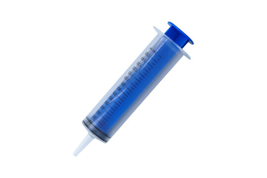 Single blue syringe barrel with measurement markings and plunger, closeup for dosage and calibration, pharmacy compounding and laboratory dispensing scene emphasizing precision and sterile