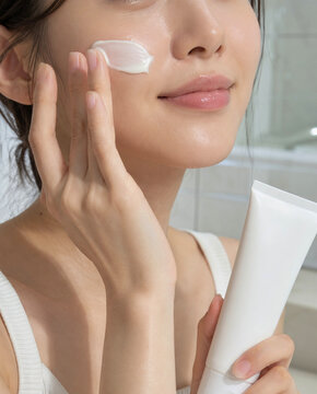Vertical K-beauty close-up of lower face applying white sunscreen cream to cheek with glossy lips and plain white tube in bright bathroom