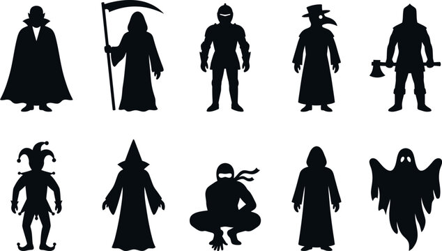Collection Of Halloween Character Silhouettes Against A White Background