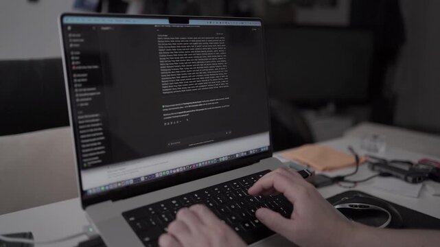 Man using artificial intelligence chat assistant on laptop while working at home office. Concept of automation, digital productivity and modern technology.