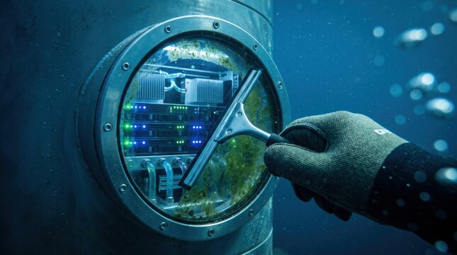 Scuba diver cleaning the glass window of an underwater data center server housing in the ocean