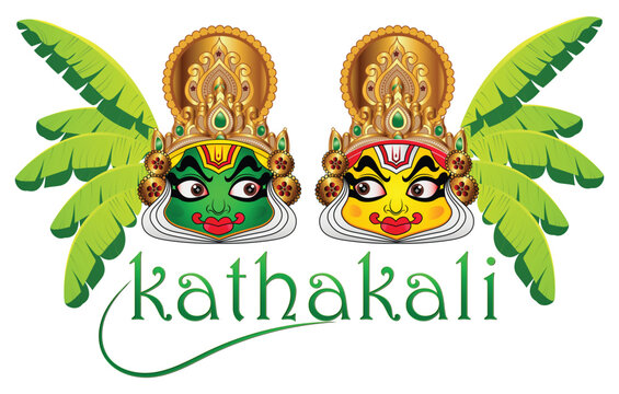 Kerala cultural traditional kathakali mask design with banana leaves