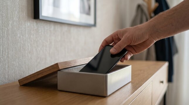 Hand placing a smartphone into a sleek silver faraday lockbox on a wooden console table to disconnect
