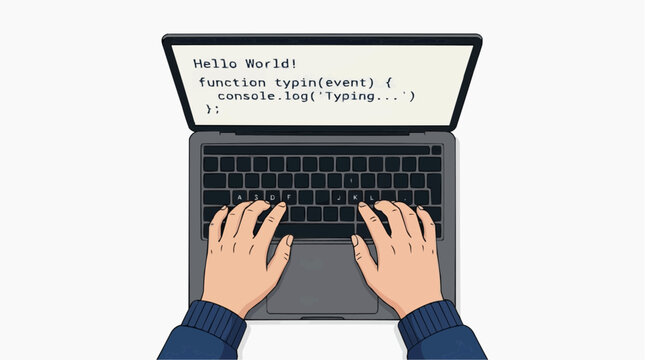 Hands typing on a laptop displaying 'Hello World!' and a simple JavaScript function, signifying the start of coding or a programming task.