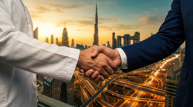 Business handshake representing investment opportunities and partnership in the UAE.