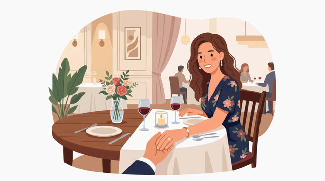 A woman in a floral dress holds her partner's hand across a table set for a romantic dinner at a restaurant.
