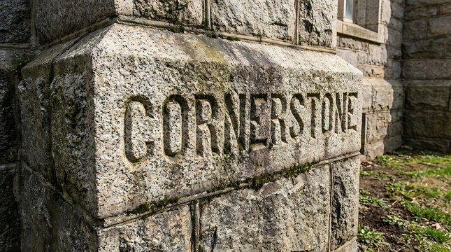 Weathered granite cornerstone engraved on a historic building.