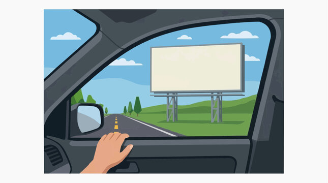 Looking through a car window at a blank billboard alongside a highway during a journey.