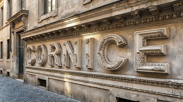 Historic stone facade with carved cornice typography on European street.
