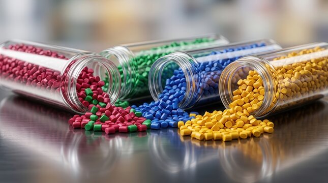 Vibrant plastic masterbatch pellets and colorant additives pouring from test tubes.