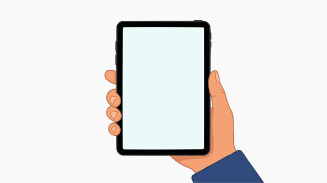A person's hand wearing a blue shirt holds a black tablet device with a blank screen.