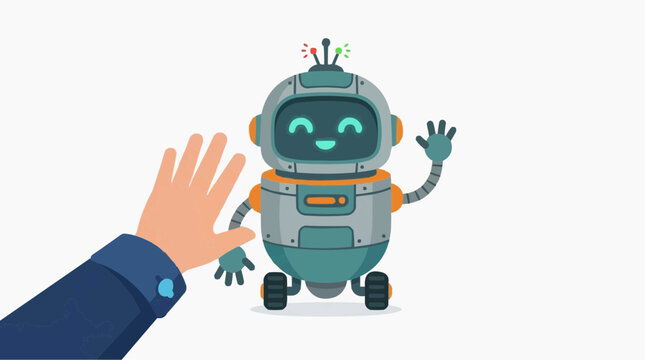 A human hand waves goodbye to a friendly, blue and orange cartoon robot on a white background.