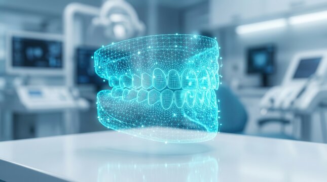 Futuristic dental laboratory featuring a digital 3D model representing AI-driven CAD/CAM technology.