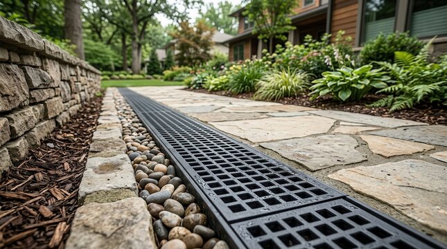 A professional drainage solution featuring a plastic grate trench drain alongside a stone walkway.