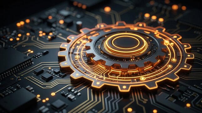 Abstract digital representation of an edge computing node with glowing rings on a circuit board.