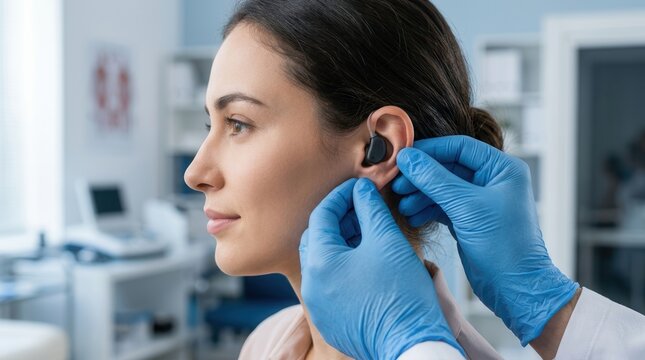 Auditory rehabilitation process with an audiologist providing hearing aid fitting and diagnosis.