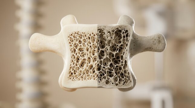Medical illustration of healthy versus osteoporotic bone density and porous vertebra structure.
