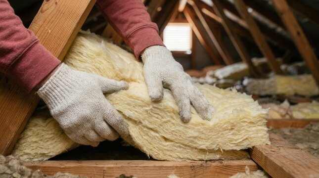 Professional contractor installing thermal barrier fiberglass batt insulation in a residential attic space.