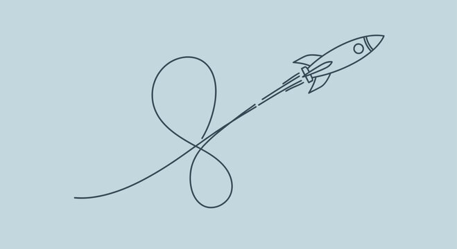 Minimalist line drawing of a rocket soaring upwards, leaving a looping trajectory