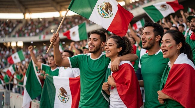 Mexico soccer fans celebrating inside crowded football stadium. Happy people watching a soccer game