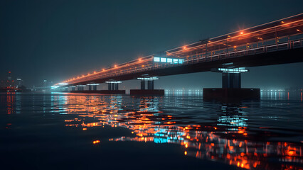 Fototapeta premium Modern Bridge Illuminated at Night with Glowing Reflections on Water Surface