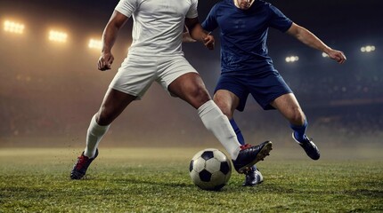 Naklejka premium Football players battling for soccer ball under stadium lights. Professional soccer athletes competing intensely during an international football match.