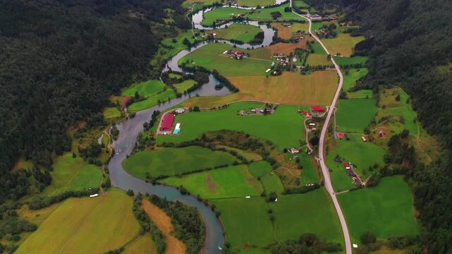 Aerial Stryn Valley Winding River Farmland Norway