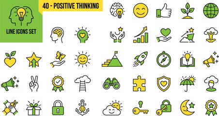 Fototapeta premium Positive thinking concept with light bulb and growth icons in flat design illustration