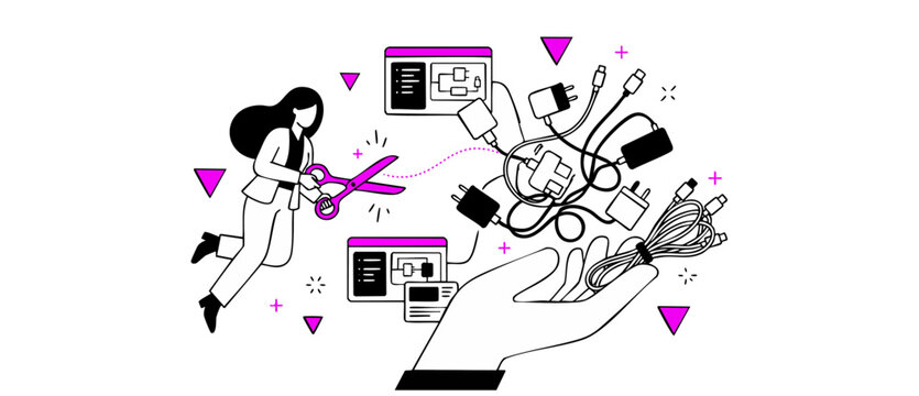Cable management vector illustration woman cutting tangled wires with scissors to simplify digital technology, solve cluttered office organization and streamline business workflow concept design style