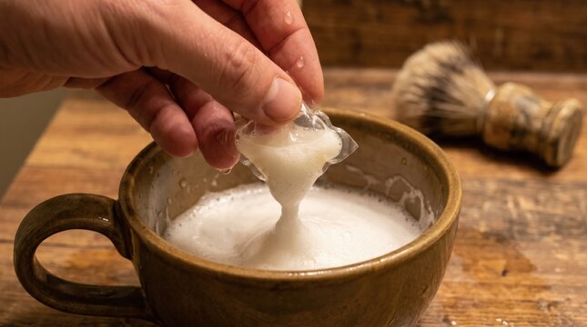 Hand dropping a water soluble shaving cream pod into a ceramic mug to create lather