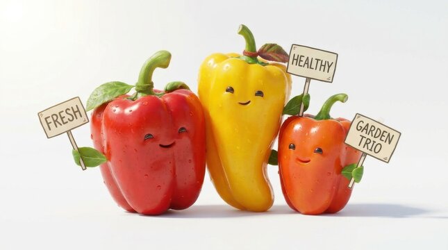 Sweet bell pepper trio in red and yellow for healthy food design, cute vegetable characters for fresh garden marketing,