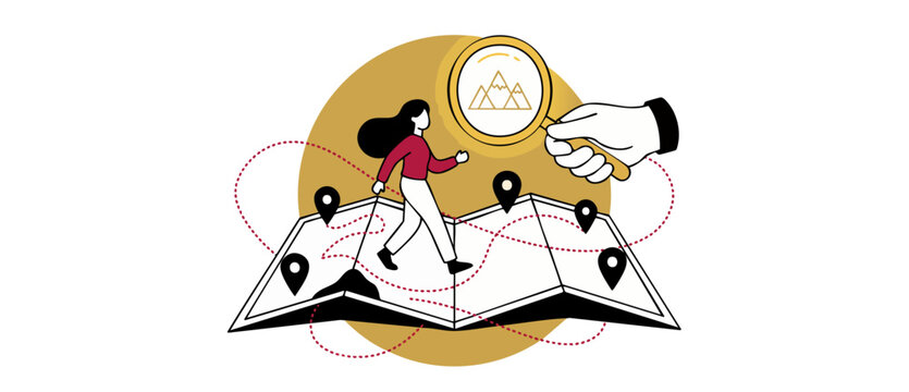 Customer journey map vector illustration showing a woman walking to mountains destination using a magnifying glass guide, planning business goals path, navigation route and user experience. Gold icon.
