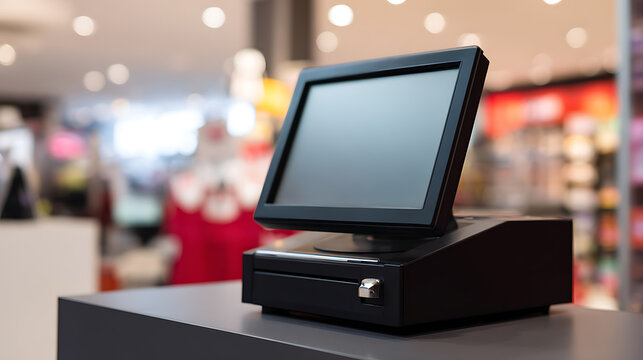 Modern point of sale system with blank screen in a beautifully lit retail store environment, ready for customer transactions and business operations