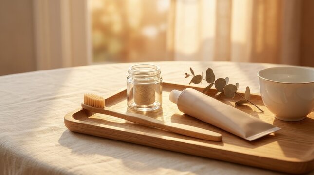 Oral hygiene dental cleaning and teeth care concept for dentist smile health whitening. Warm golden hour lighting, soft diffused