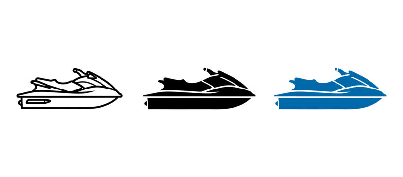 Jet ski icon set personal watercraft vector illustration in outline, black silhouette, and blue flat style water scooter symbol for summer recreation and water sports