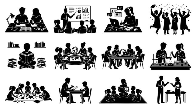 Diverse educational activities and learning scenes depicted in silhouette style