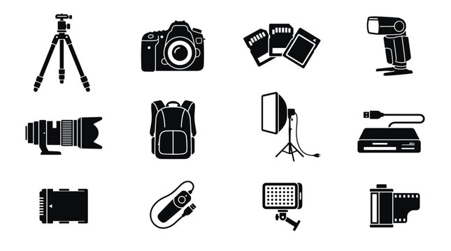 Collection of photography equipment icons including camera tripod lens flash memory cards and more