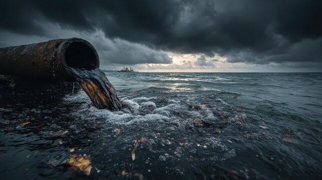 An industrial pipe discharging dark toxic waste directly into the ocean under stormy skies. AI generated image