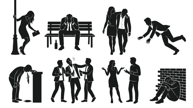 Diverse human emotions and social interactions depicted as silhouettes including distress and celebration