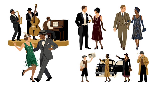 1920s Jazz Age Scene with Dancing Couples Musicians and City Life