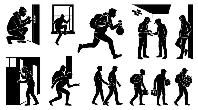 Criminal activity silhouettes showing burglary theft and illegal transactions